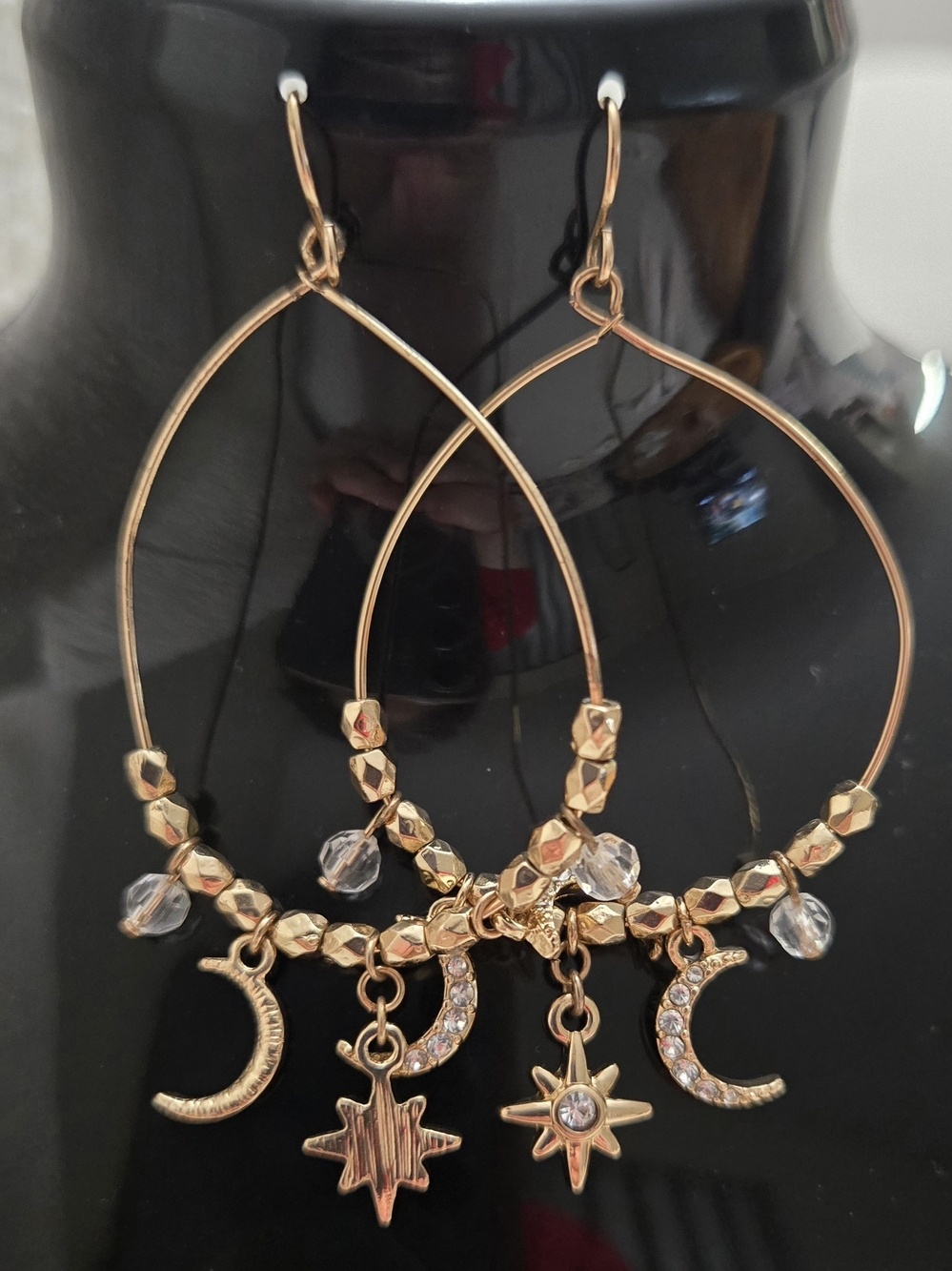 Gold Tone Celestial Hoop Earrings with Moon & Star Charms